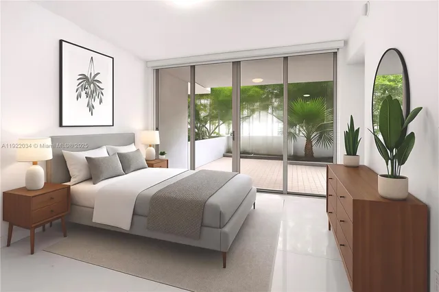 a spacious bedroom with a bed and a painting on the wall