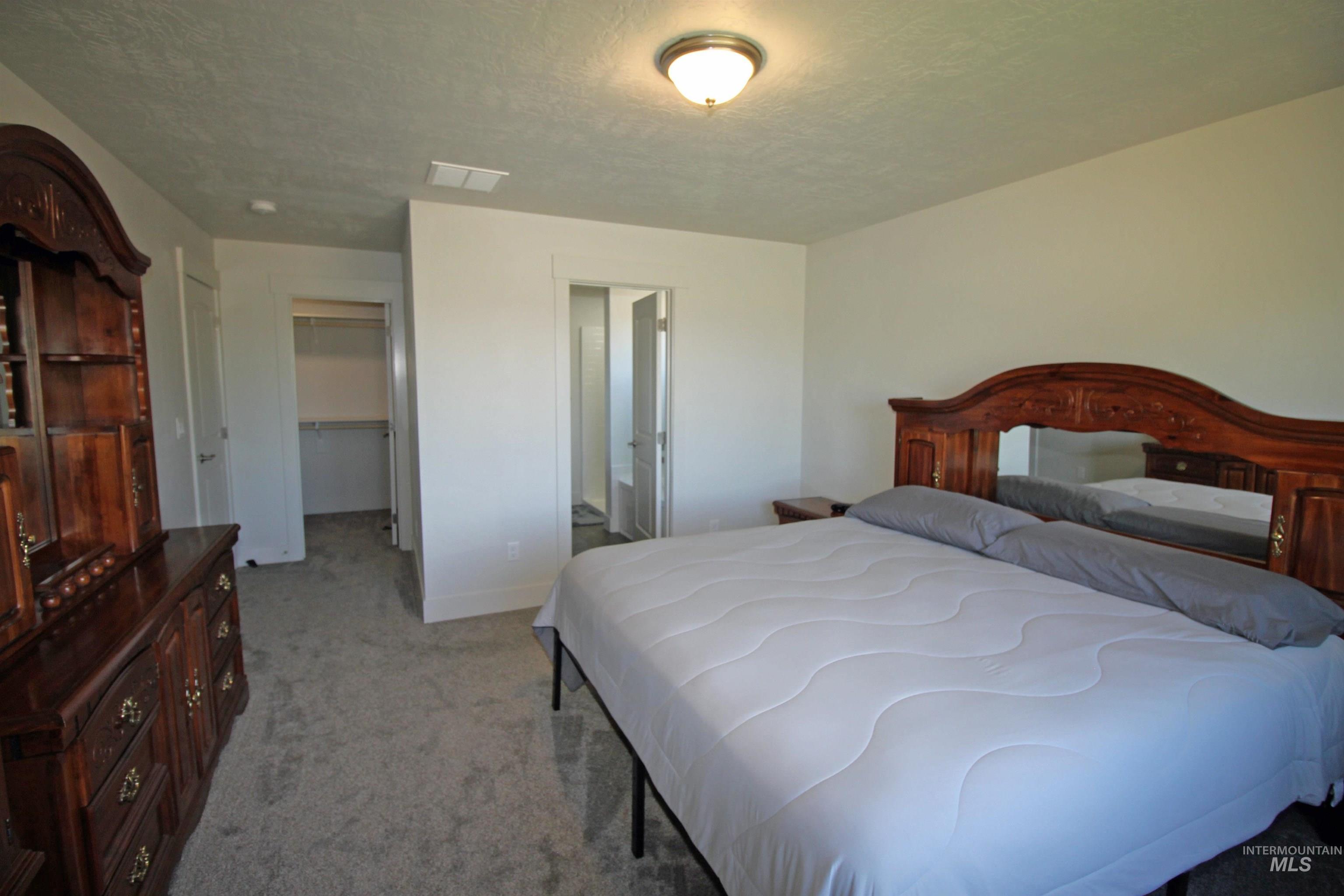 2272 Golf Lane Council, ID 83612 - Photo 14 of 32 Bedroom with light colored carpet, a textured ceiling, a spacious closet, and connected bathroom