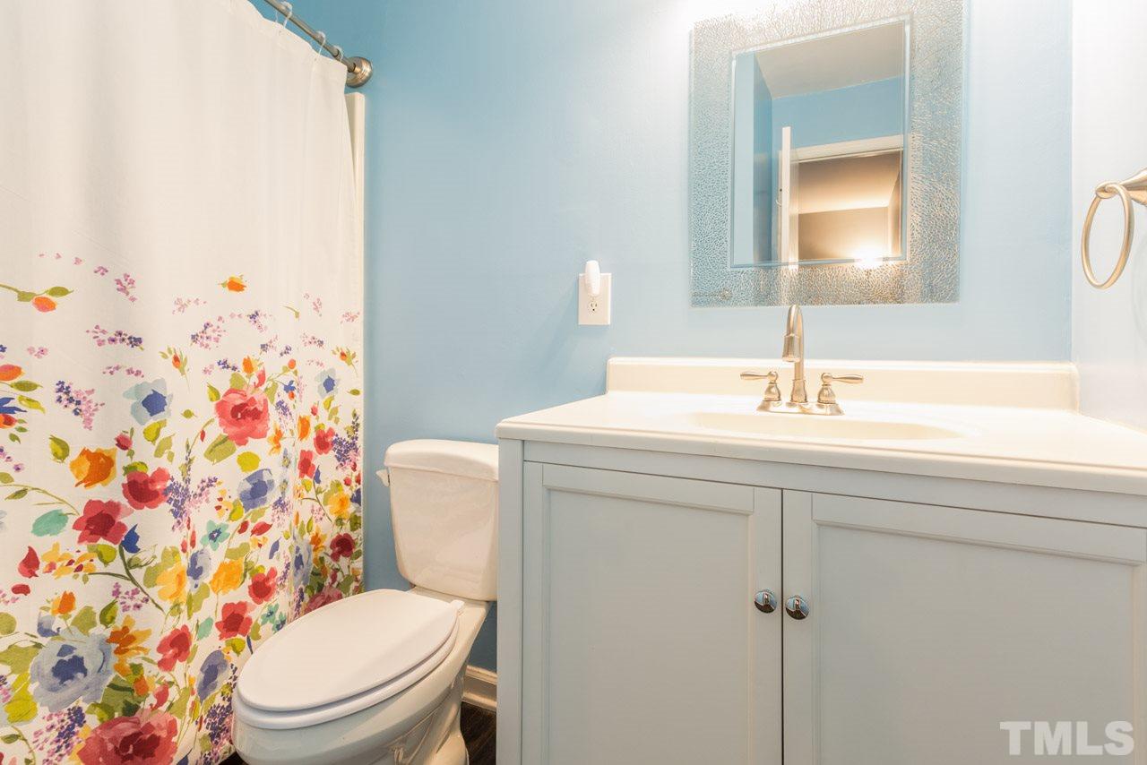 3221 Mill Run Raleigh, NC 27612 - Photo 11 of 20 a bathroom with a sink a toilet and shower curtain