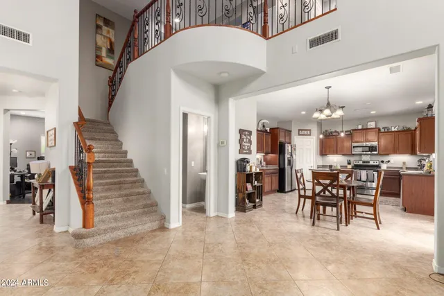 a view of a dining room with furniture