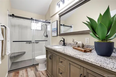 a bathroom with a granite countertop sink a toilet and a mirror