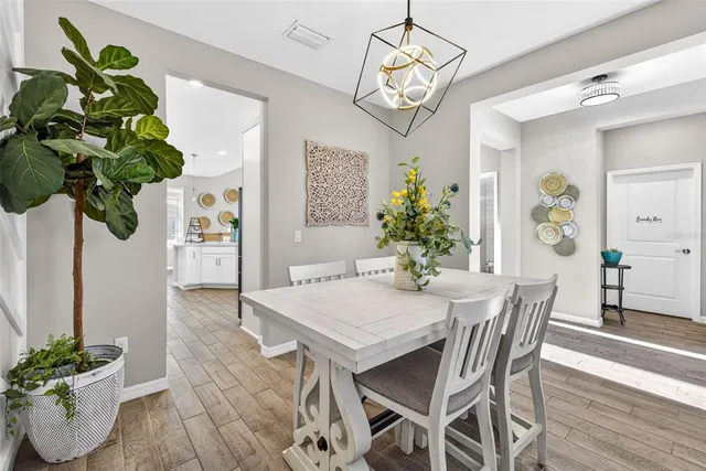 a view of a dining room with furniture and a potted plant