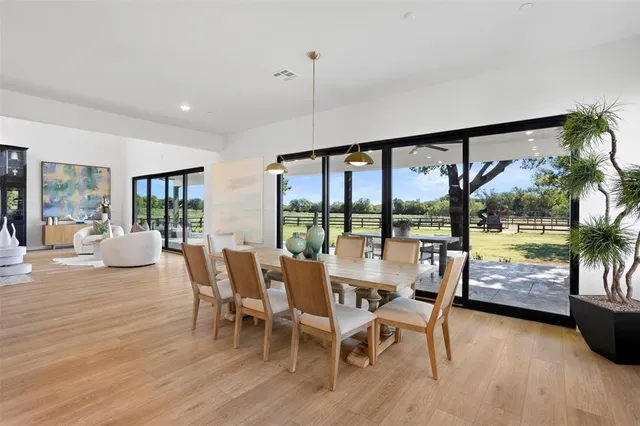 a dining room with furniture water view and wooden floor
