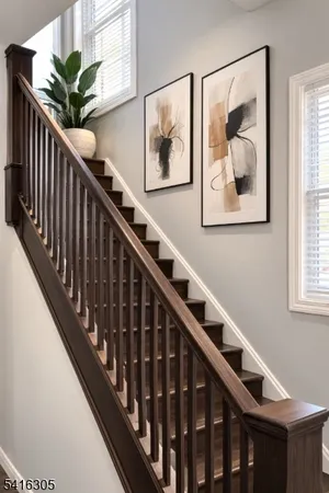 a view of staircase with wooden floor and a window
