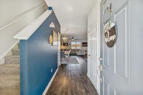 a view of a hallway with workspace