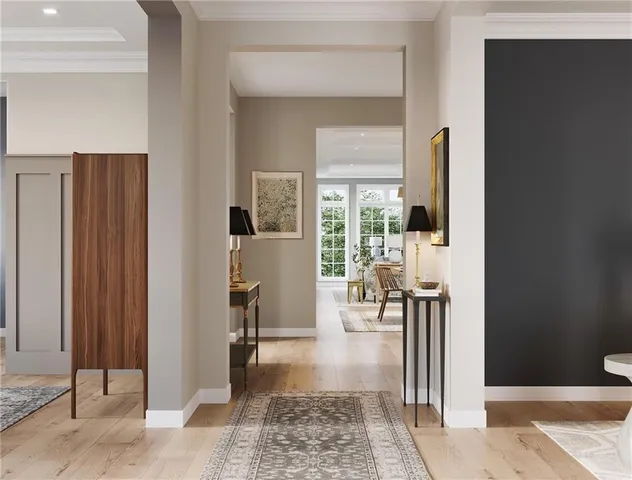 a living room with furniture and a table