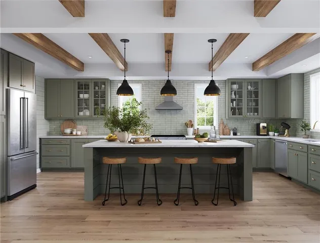 a kitchen with a sink and chairs