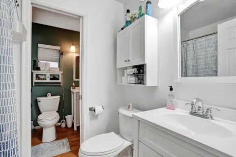 a bathroom with a toilet a sink and mirror