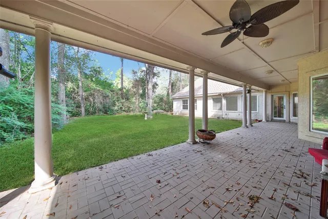 a view of a porch with a backyard