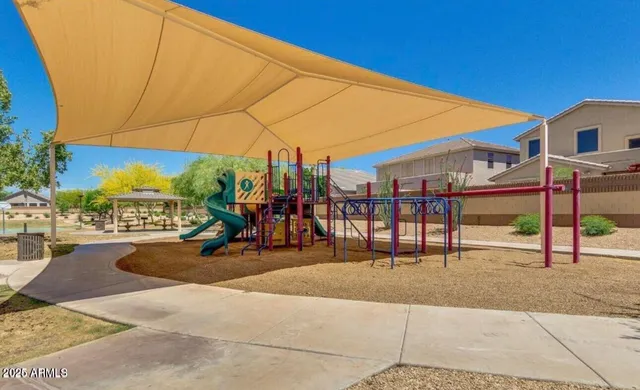 a view of a street with a patio