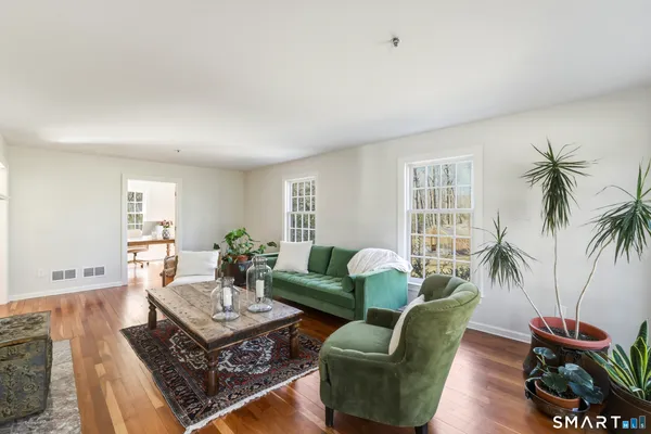 a living room with furniture potted plant and a window