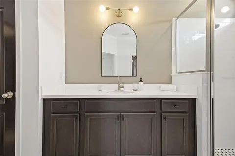 a bathroom with a sink and a mirror