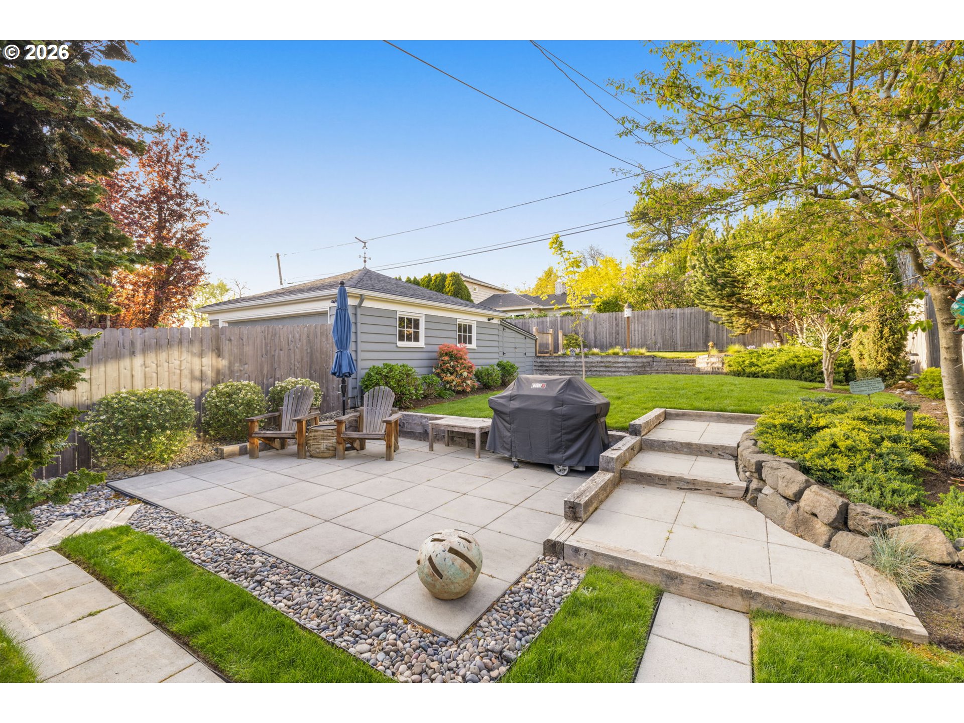 4117 Southeast Henderson Street Portland, OR 97202 - Photo 32 of 43 a view of a backyard with couches plants and large trees