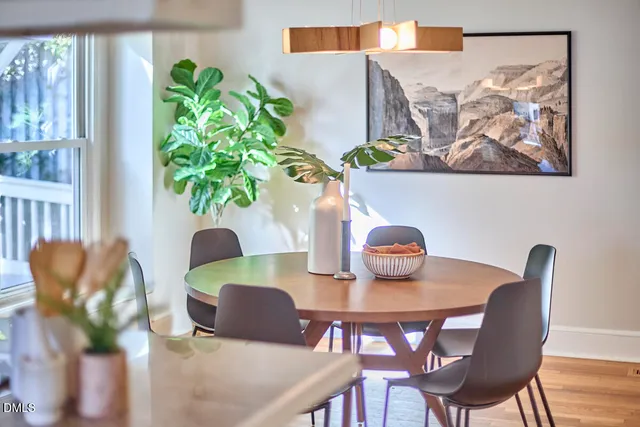 a view of a dining room with furniture a potted plant and wooden floor
