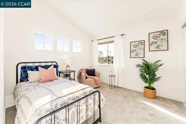 a bedroom with a large bed and a potted plant