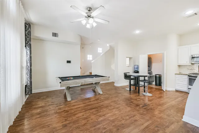 a view of a dining room with furniture
