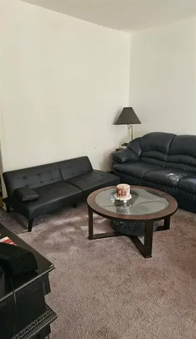 a living room with furniture and a lamp