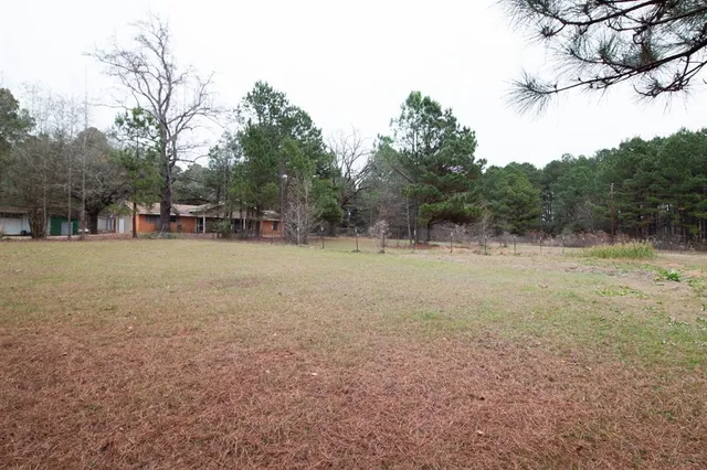 a view of a field with trees in the background