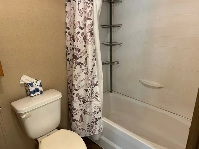 a white toilet sitting next to a bath tub