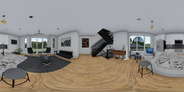 a living room with furniture a large window and a table