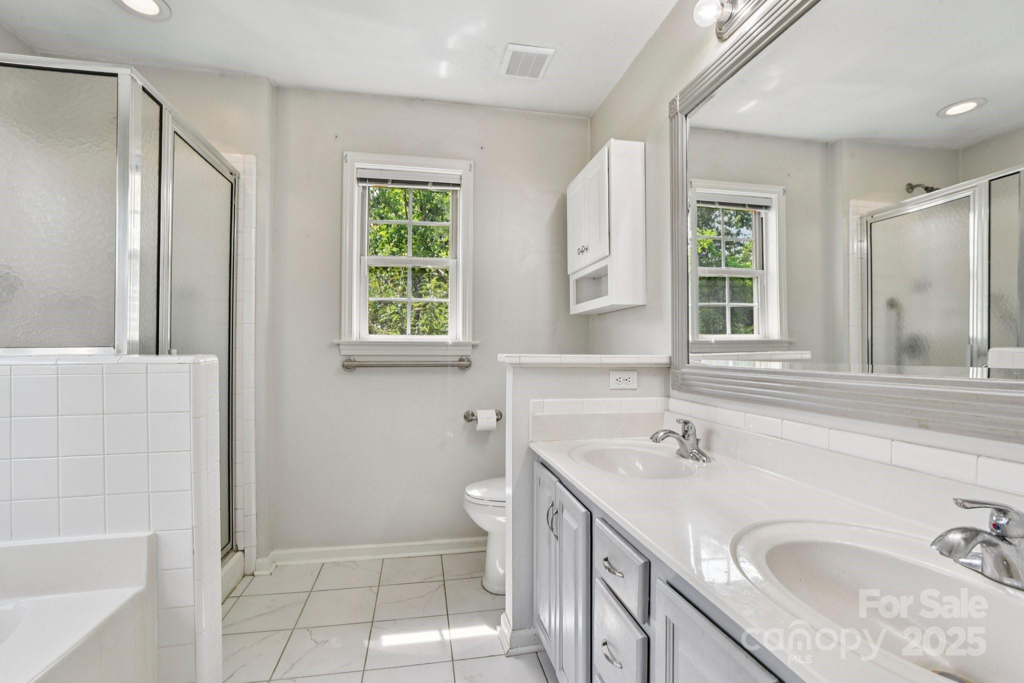 343 Stonehollow Road Fletcher, NC 28732 - Photo 20 of 36 a bathroom with a granite countertop sink a mirror a bathtub and next to a window