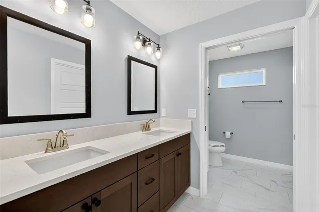 a bathroom with a double vanity sink mirror and toilet
