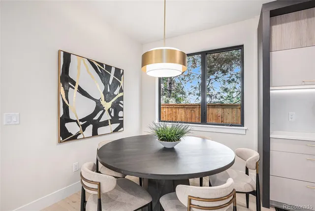 a view of a dining room with furniture and a window