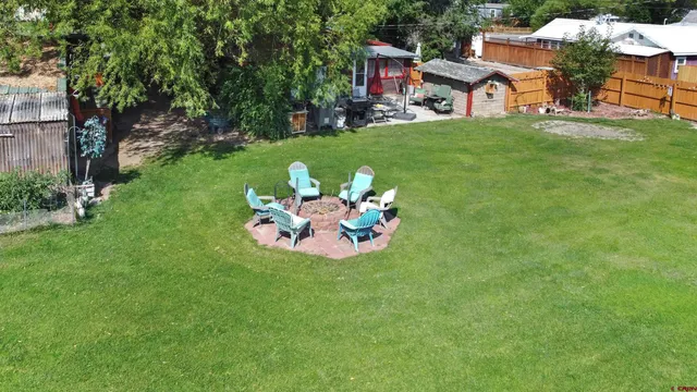 a garden view with a seating space