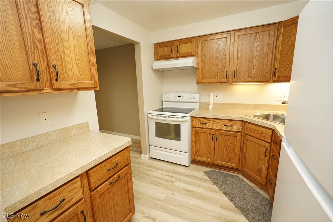 8749 West Ridge Road Elyria, OH 44035 - Photo 6 of 16 Kitchen featuring electric range, under cabinet range hood, light wood-type flooring, and light countertops