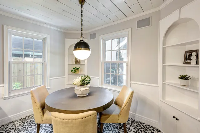 a view of a dining room with furniture window and outside view