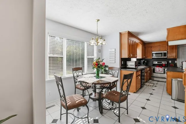 a view of a dining room with furniture window and outside view