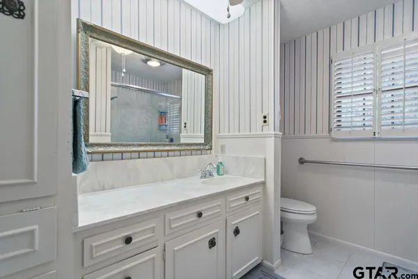 a bathroom with a toilet a sink and mirror