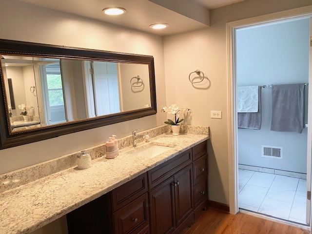 3420 Winnetka Road Glenview, IL 60026 - Photo 19 of 26 a bathroom with a granite countertop double vanity sink and a mirror