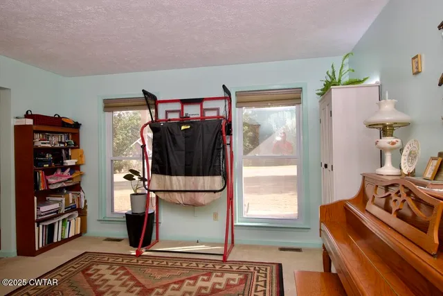 a view of backyard with outdoor seating and trees