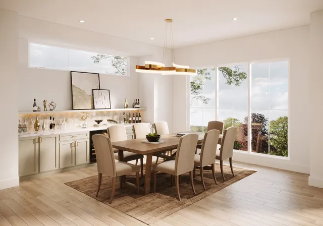 a view of a dining room with furniture and a large window