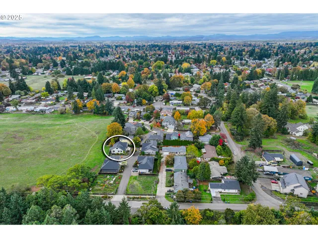 an aerial view of a house with garden