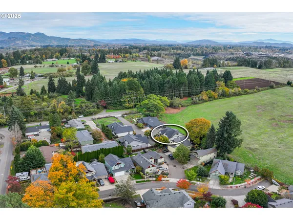 a aerial view of a house with a yard