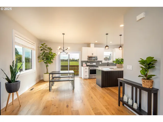 a living room with furniture and a kitchen area