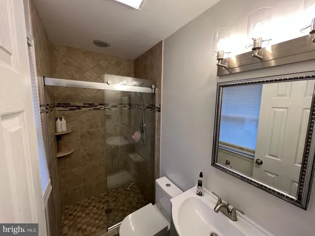 a bathroom with a sink shower and a mirror