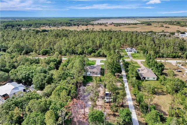 an aerial view of residential houses with outdoor space and trees