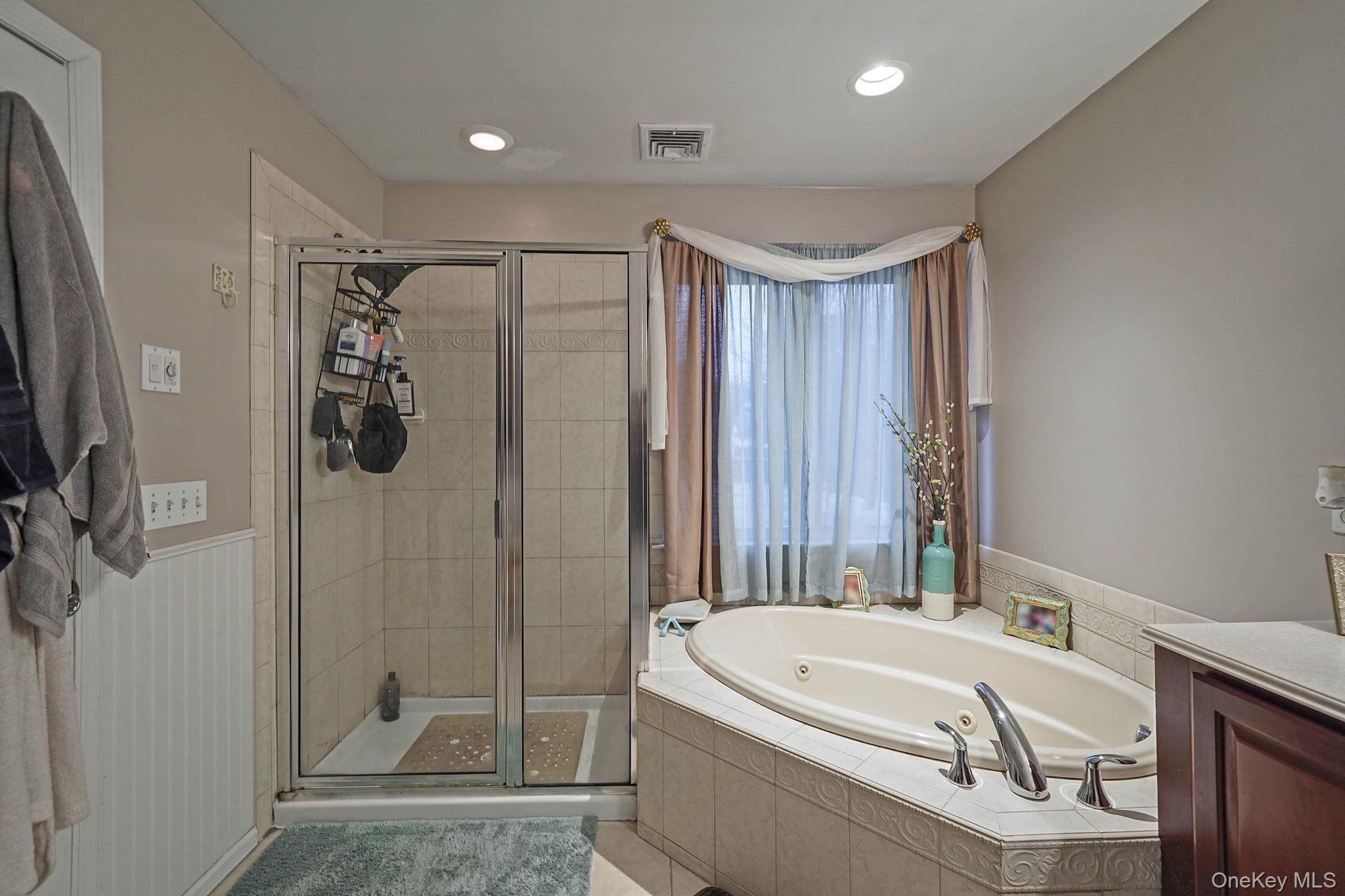 9 Paddock Lane Medford, NY 11763 - Photo 23 of 49 Bathroom with a jetted tub, vanity, a shower stall, and recessed lighting