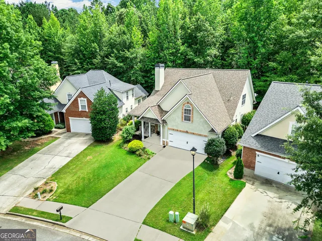 a aerial view of a house with a garden