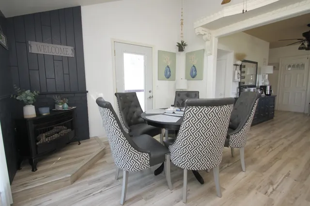 a view of a dining room with furniture