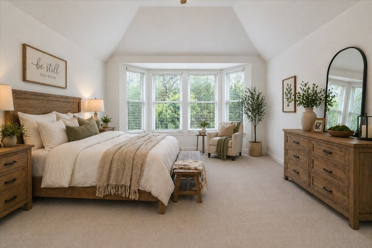 8008 Prairie Rye Drive Lago Vista, TX 78645 - Photo 6 of 40 Bright primary bedroom on main floor featuring a bay window, vaulted ceiling, light neutral carpeting, and white walls