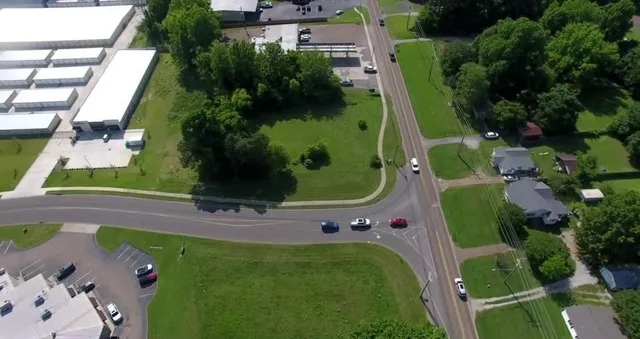an aerial view of a swimming pool