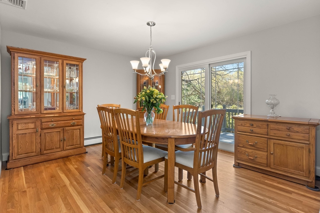 336 Sharpners Pond Road North Andover, MA 01845 - Photo 7 of 42 a dining room with wooden floor a chandelier a wooden table and chairs