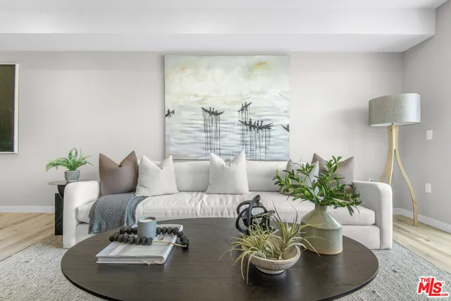 a living room with furniture and a potted plant