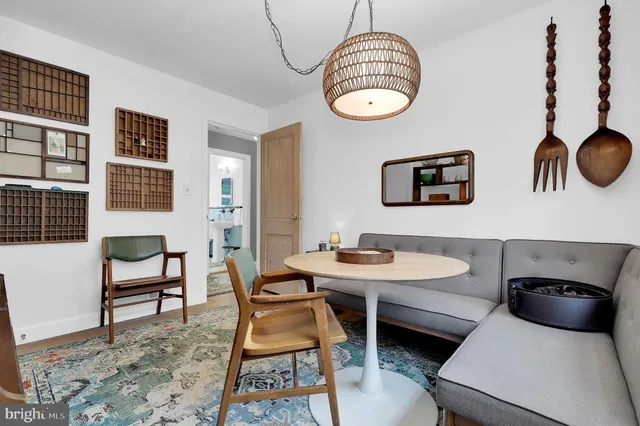 a view of a dining room with furniture