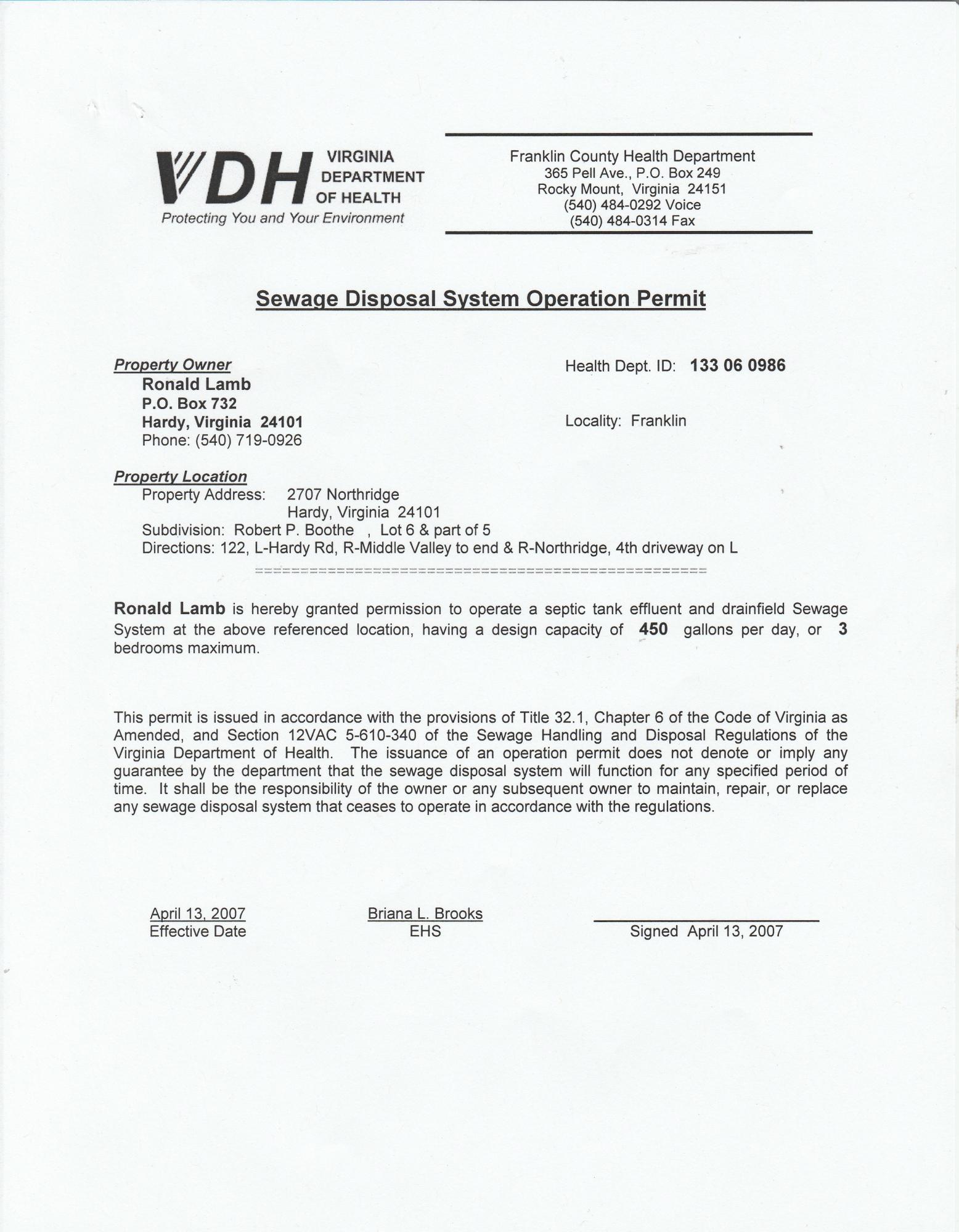 2707 Northridge Road Hardy, VA 24101 - Photo 20 of 20 Septic permit
