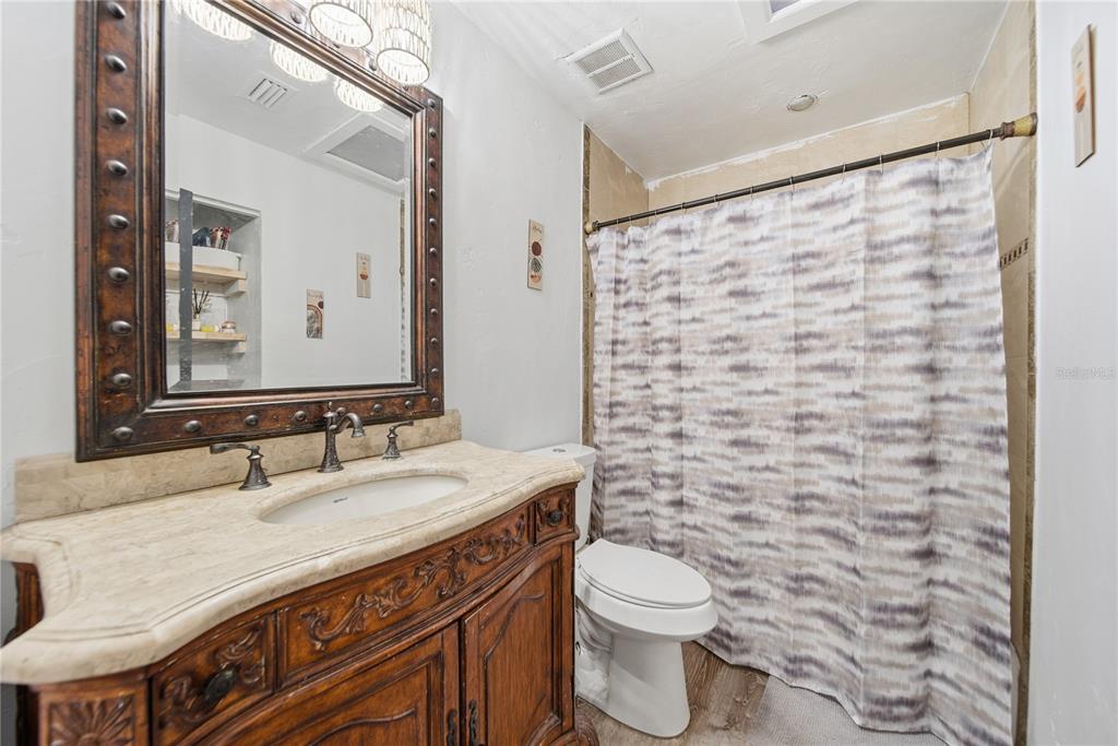 4602 Buckeye Road Tampa, FL 33624 - Photo 23 of 36 a bathroom with a sink a toilet a mirror and shower curtain